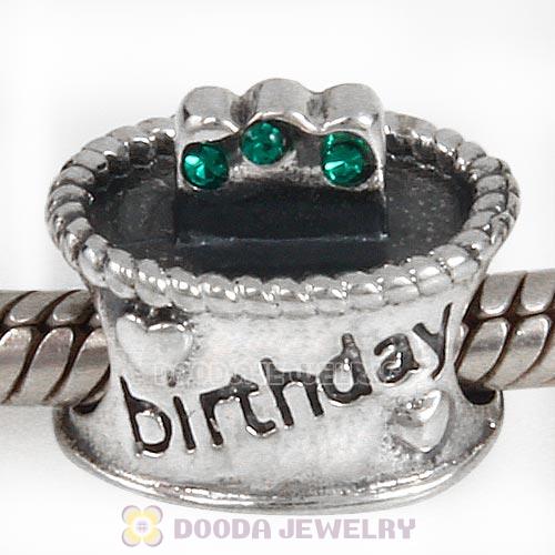 Sterling Silver Birthday Cake Charm Beads with Emerald Austrian Crystal Wholesale