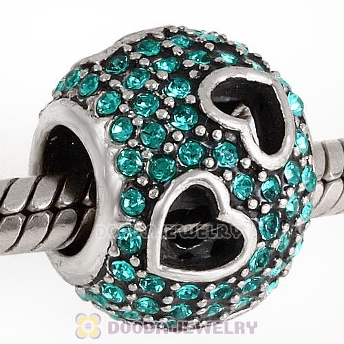 Sterling Silver Tumbling Hearts Charm with Blue Zircon Austrian Crystal