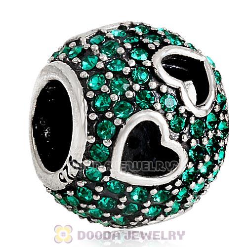 Sterling Silver Tumbling Hearts Charm with Emerald Austrian Crystal