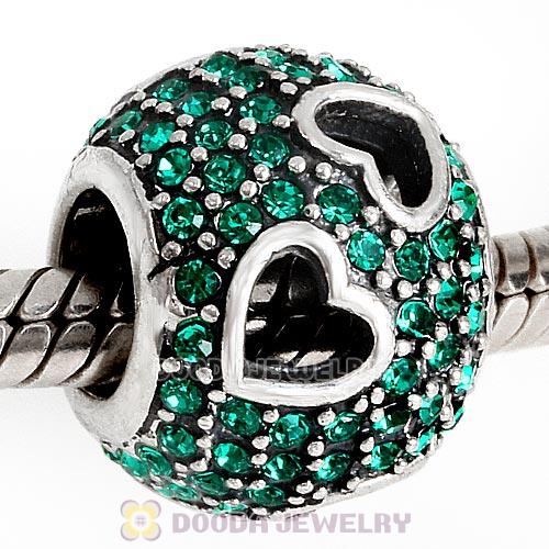 Sterling Silver Tumbling Hearts Charm with Emerald Austrian Crystal