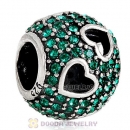 Sterling Silver Tumbling Hearts Charm with Emerald Austrian Crystal