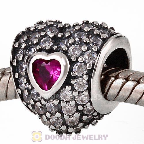 S925 Sterling Silver In My Heart Charm Bead with Fuchsia Stone