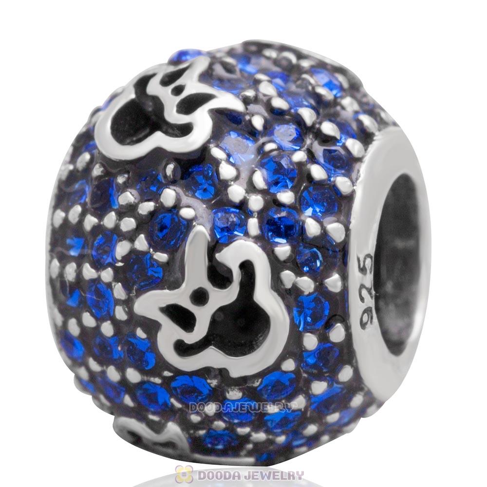 European Style Sterling Silver Minnie Head Charm With Sapphire Austrian Crystal