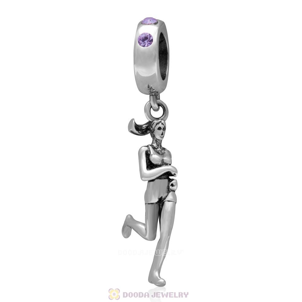 Sterling Silver Lady Runner Dangling Bead with Violet Austrian Crystal