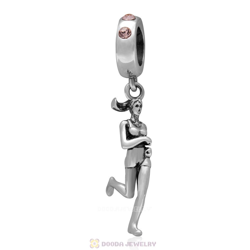 Sterling Silver Lady Runner Dangling Bead with Light Peach Austrian Crystal
