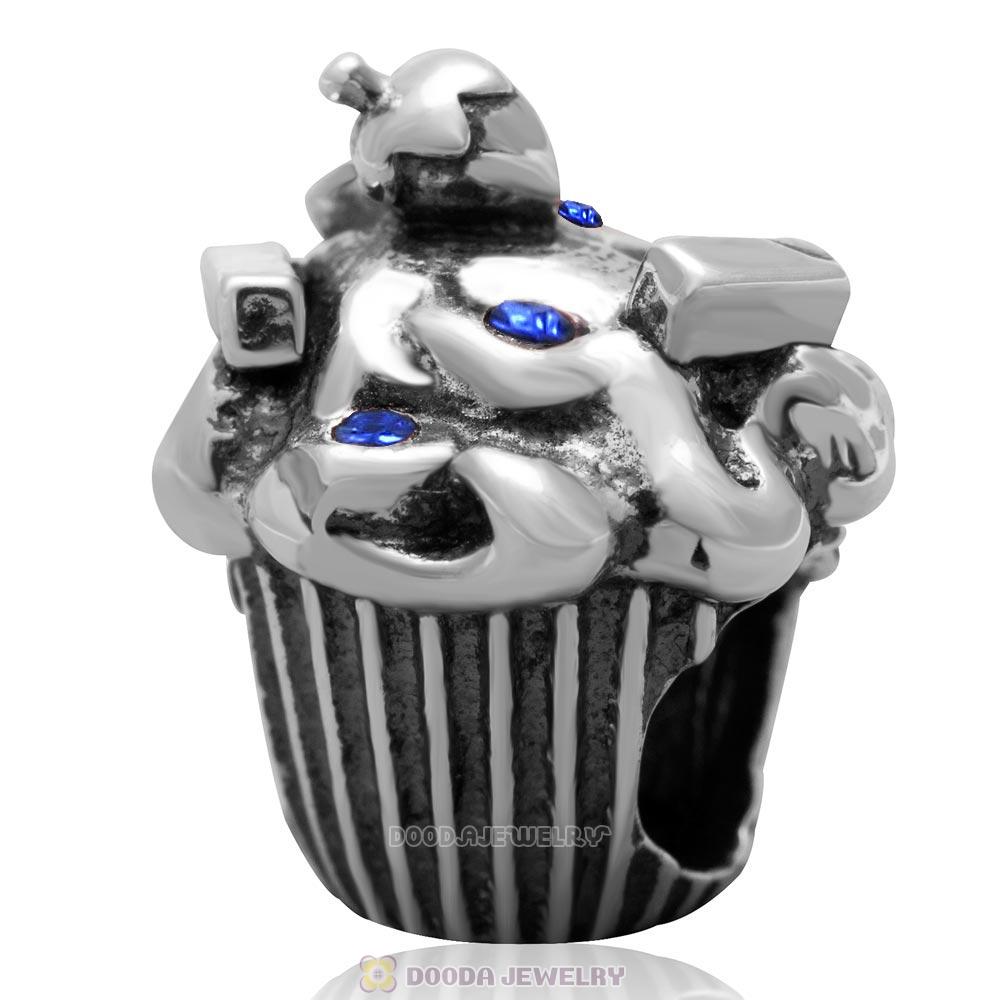 925 Sterling Silver Sweet Fruit Cupcake Charm Bead with Sapphire Australian Crystal 
