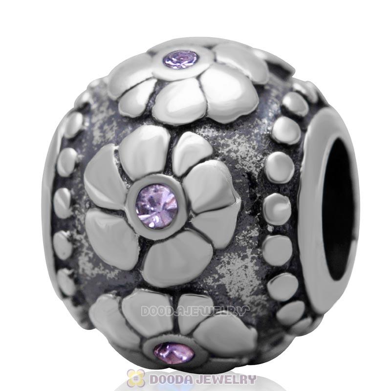 European Style Flower Charm Antique Sterling Silver with Violet Australian Crystal