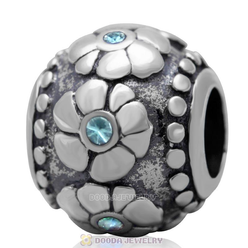 European Style Flower Charm Antique Sterling Silver with Aquamarine Australian Crystal