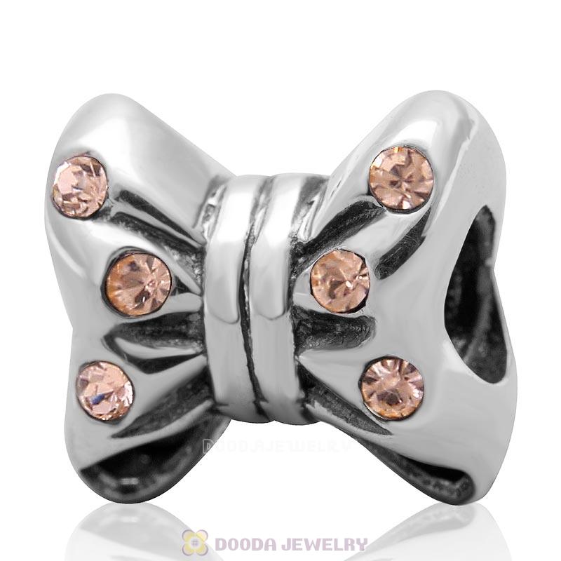 925 Sterling Silver Minnie Bow knot Charm Bead with Light Peach Crystal