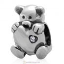 Bear Hug Heart Charm 925 Sterling Silver with Clear Austrian Crystal