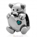 Bear Hug Heart Charm 925 Sterling Silver with Emerald Austrian Crystal