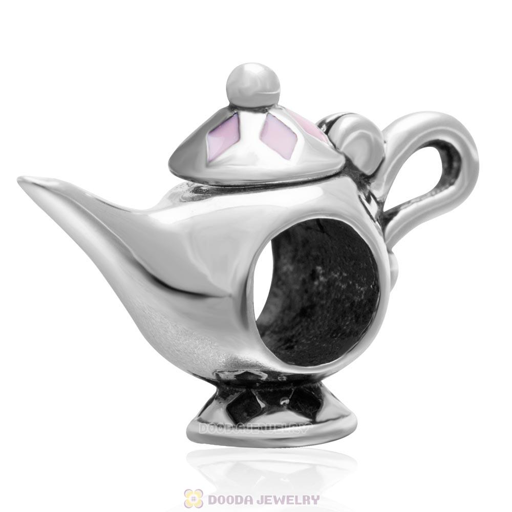 925 Sterling Silver Lamp of Aladdin Charm Bead with Pink Enamel 