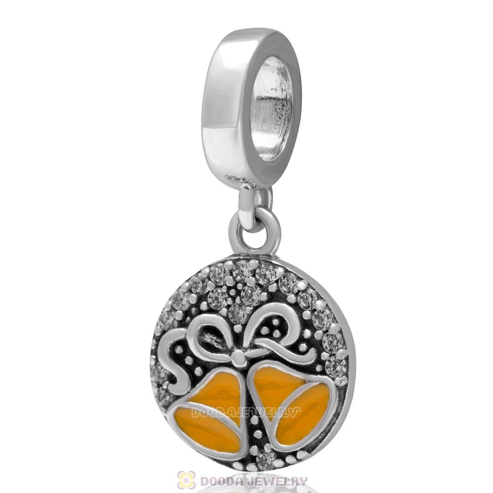 925 Sterling Silver Dangle Christmas Bell Charm with Clear Zircon Stones