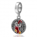 925 Sterling Silver Dangle Santa Walking Stick Charm with Clear Zircon Stones