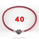 40cm Pink Braided Leather Double Bracelet Silver Love of My Life Clip with Heart Pink CZ Stone