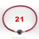 21cm Pink Braided Leather Bracelet 925 Silver Love of My Life Round Clip with Heart Red CZ Stone
