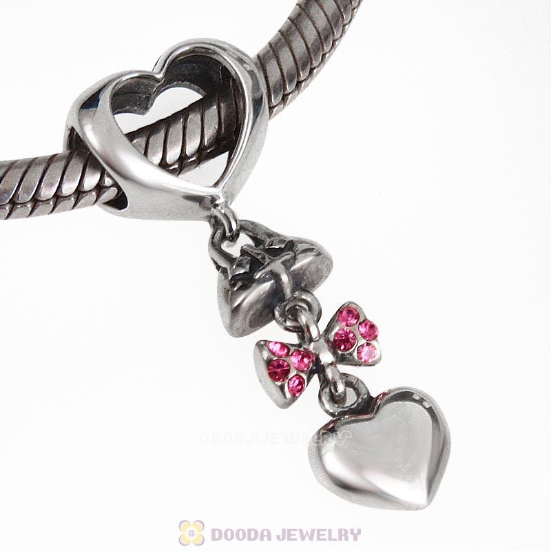 925 Sterling Silver Fashionably Tied Charm with Rose Austrian Crystals 