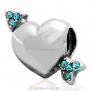 925 Sterling Silver Heart Arrow of Cupid Love Bead with Blue Zircon Crystals