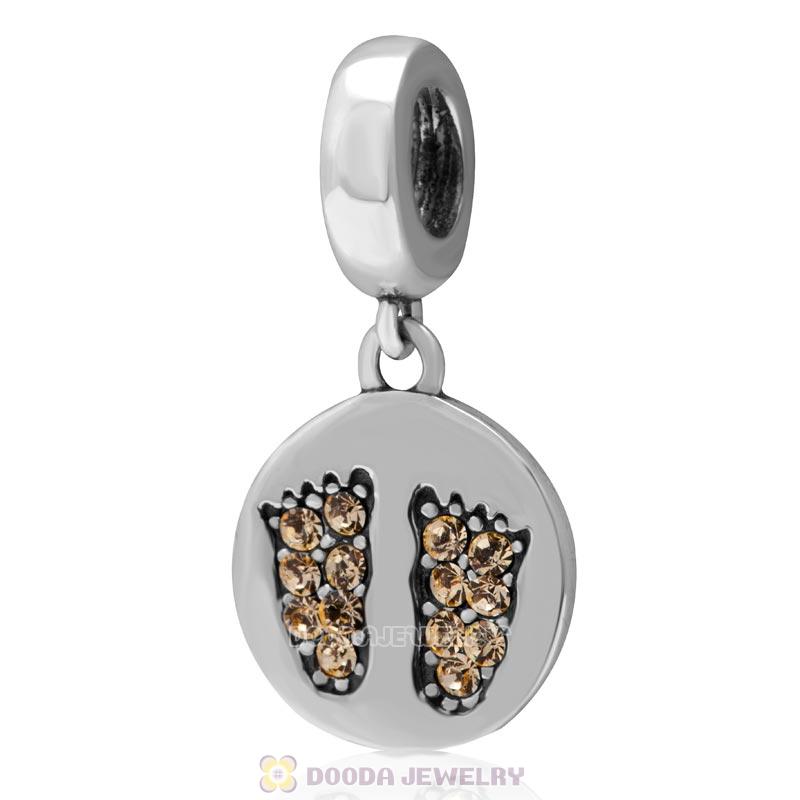925 Sterling Silver Jonquil Crystal Pave Dangle Baby Feet Charm 
