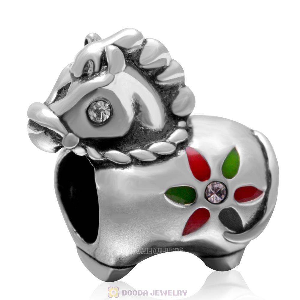 925 Sterling Silver Cute Horse Clear Crystal Charm 