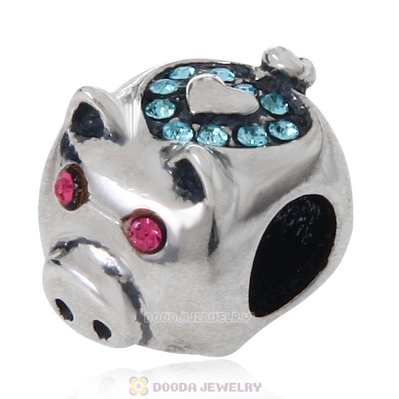 925 Sterling Silver Cute Pig with Aquamarine Love Crystal Charm Bead