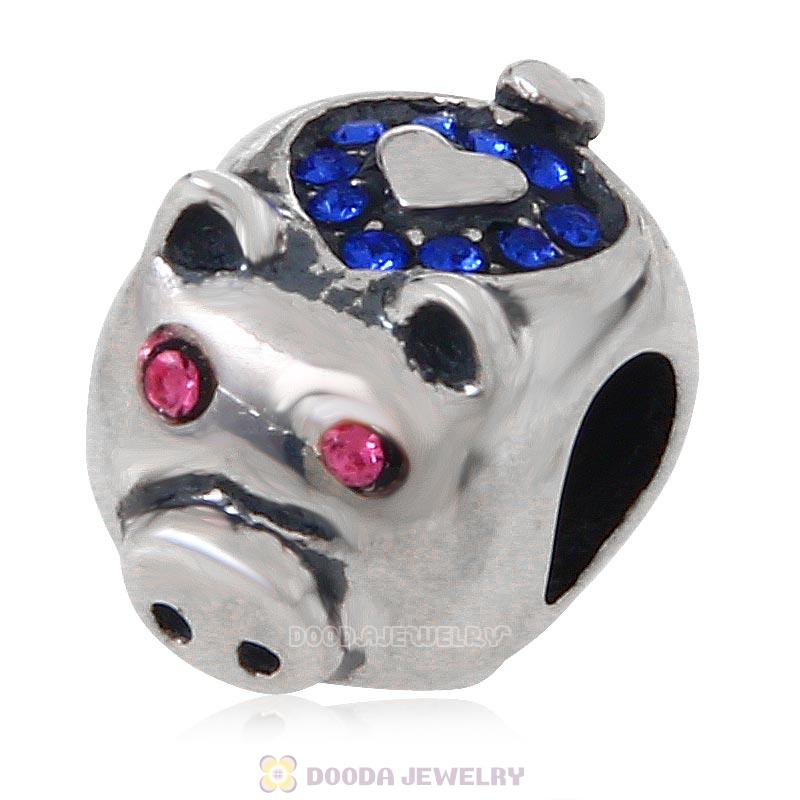 925 Sterling Silver Cute Pig with Sapphire Love Crystal Charm Bead