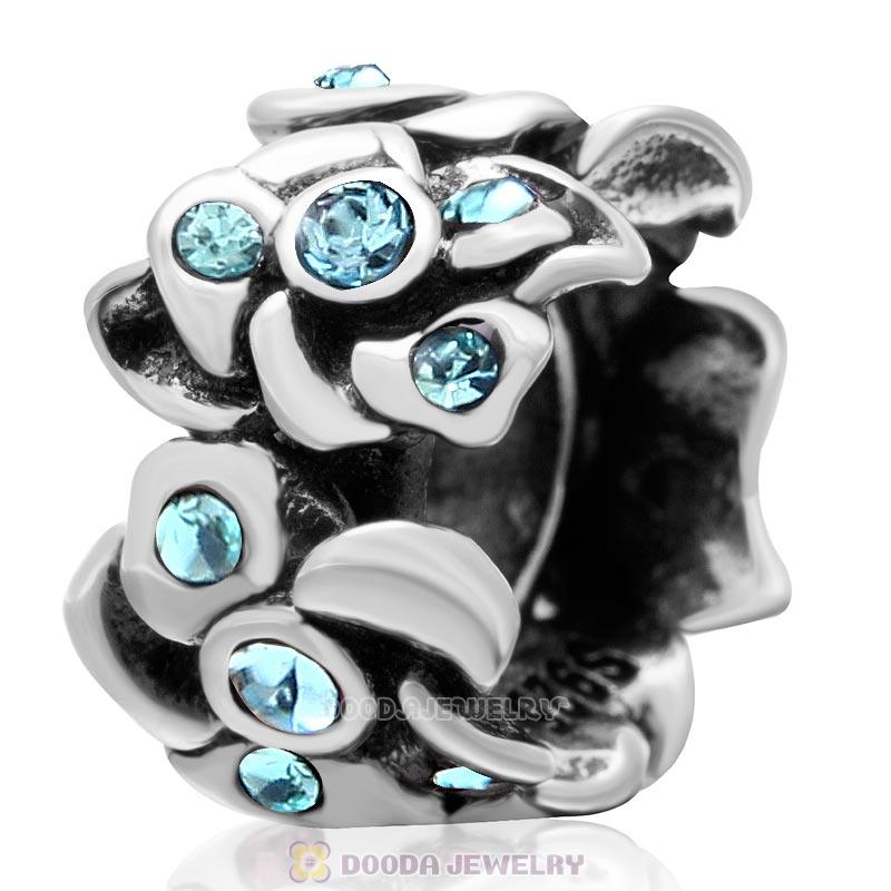 925 Sterling Silver Aquamarine Crystal Open Poppy Flower Bead