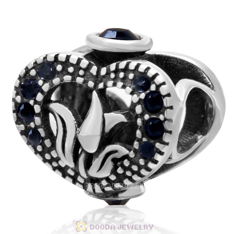 Love Tulip 925 Sterling Silver Heart Bead with Jet Crystal