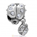 925 Sterling Silver Ladybug with Dangling Smaller Ladybug and Clear Crystals Charm Bead