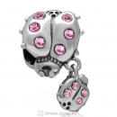 925 Sterling Silver Ladybug with Dangling Smaller Ladybug and Lt Rose Crystals Charm Bead