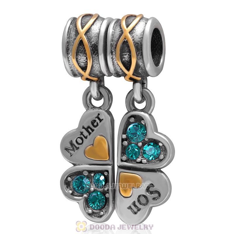 925 Sterling Silver Mother Son Emerald Crystal Clover Dangle Bead Charm 