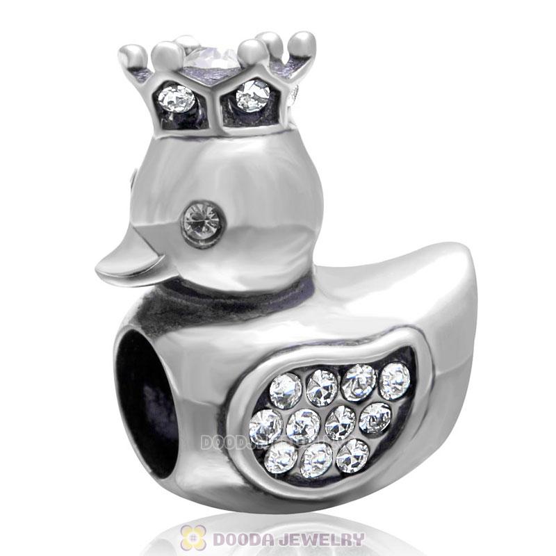 Pleasing Duck Crown Clear Crystal Charm 925 Sterling Silver 