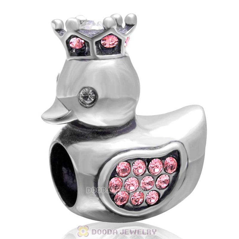Pleasing Duck Crown Lt Rose Crystal Charm 925 Sterling Silver 