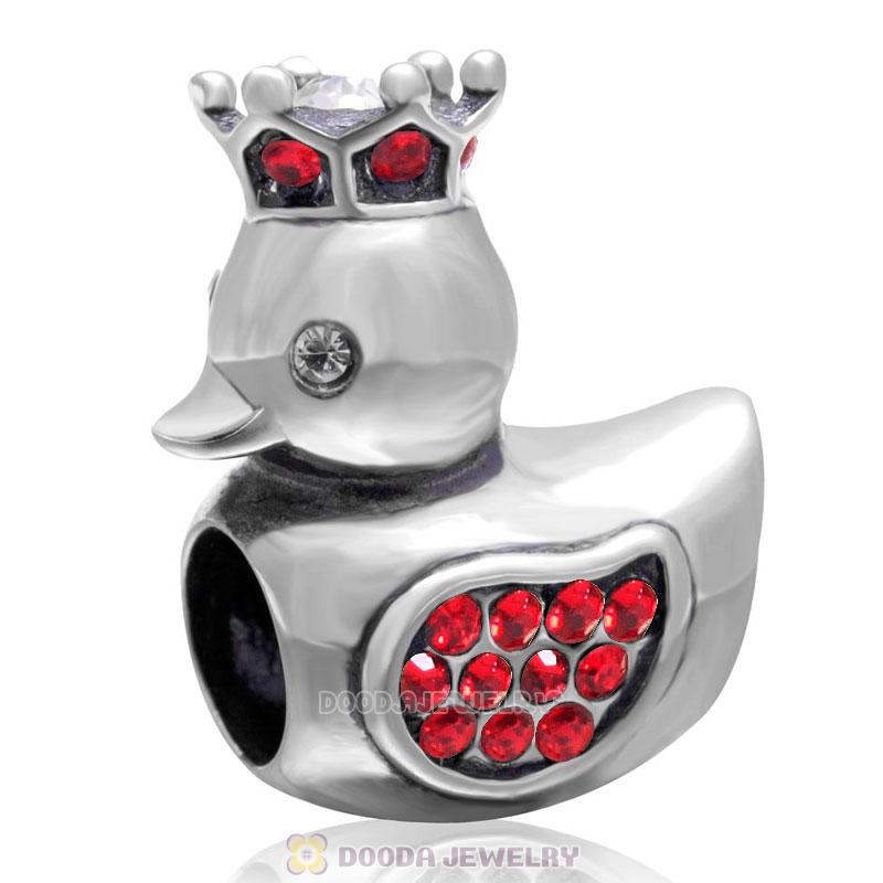 Pleasing Duck Crown Lt Siam Crystal Charm 925 Sterling Silver 