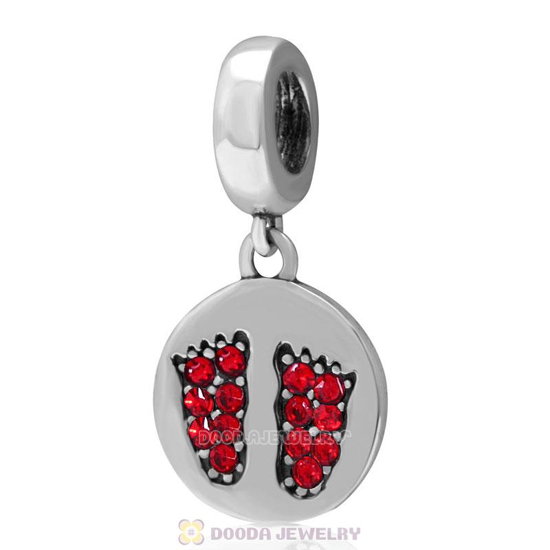 925 Sterling Silver Lt Siam Crystal Pave Dangle Baby Feet Charm 