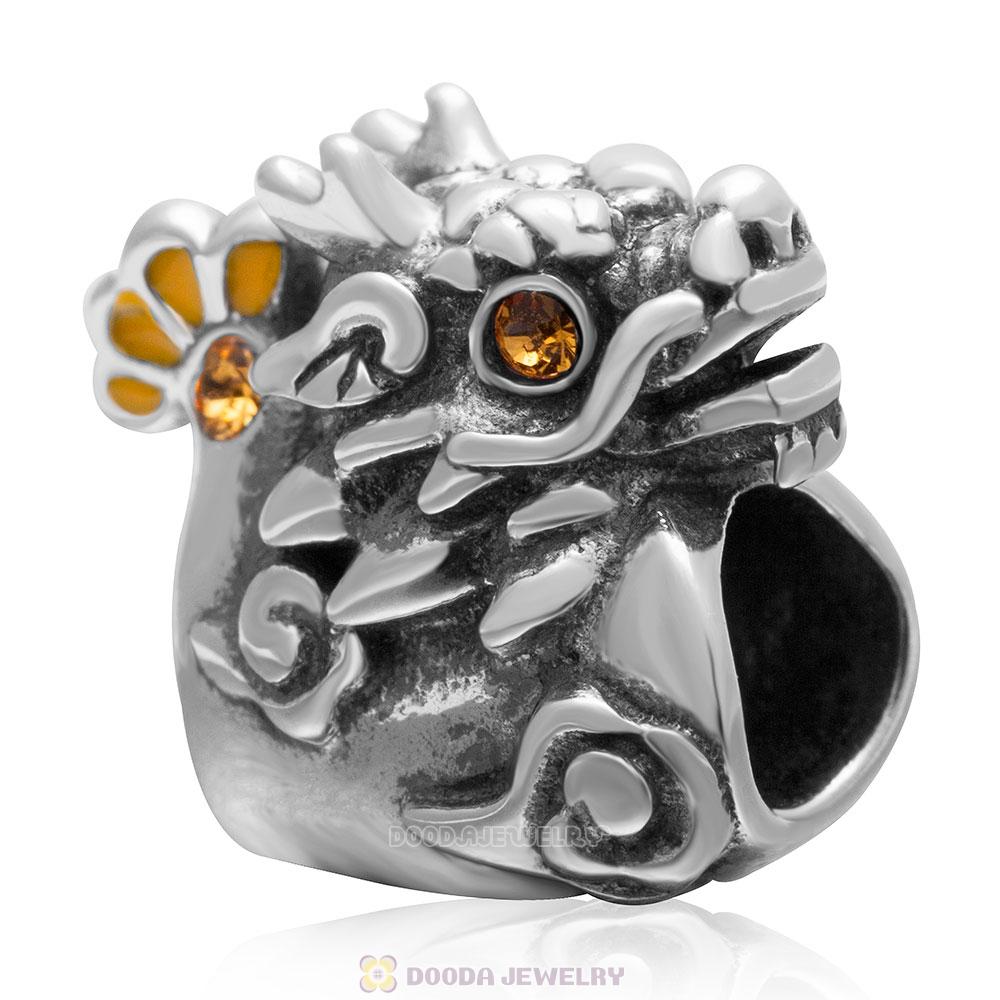 Antique 925 Sterling Silver Dragon Charm Bead with Topaz Crystal 