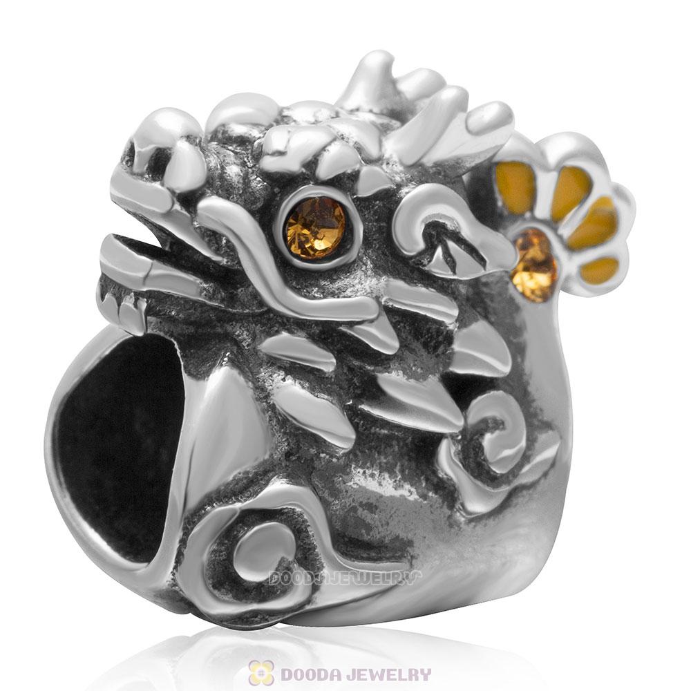 Antique 925 Sterling Silver Dragon Charm Bead with Topaz Crystal 
