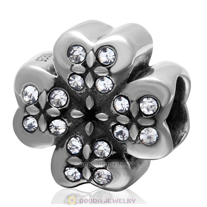 925 Sterling Silver Lucky Four Leaf Clover with Cear Crystal Charm Bead