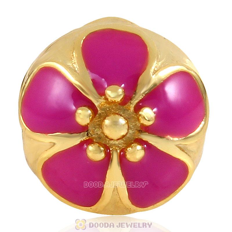 Gold Plated Sterling Silver Cherry Blossom Rose Enamel Clip Beads 