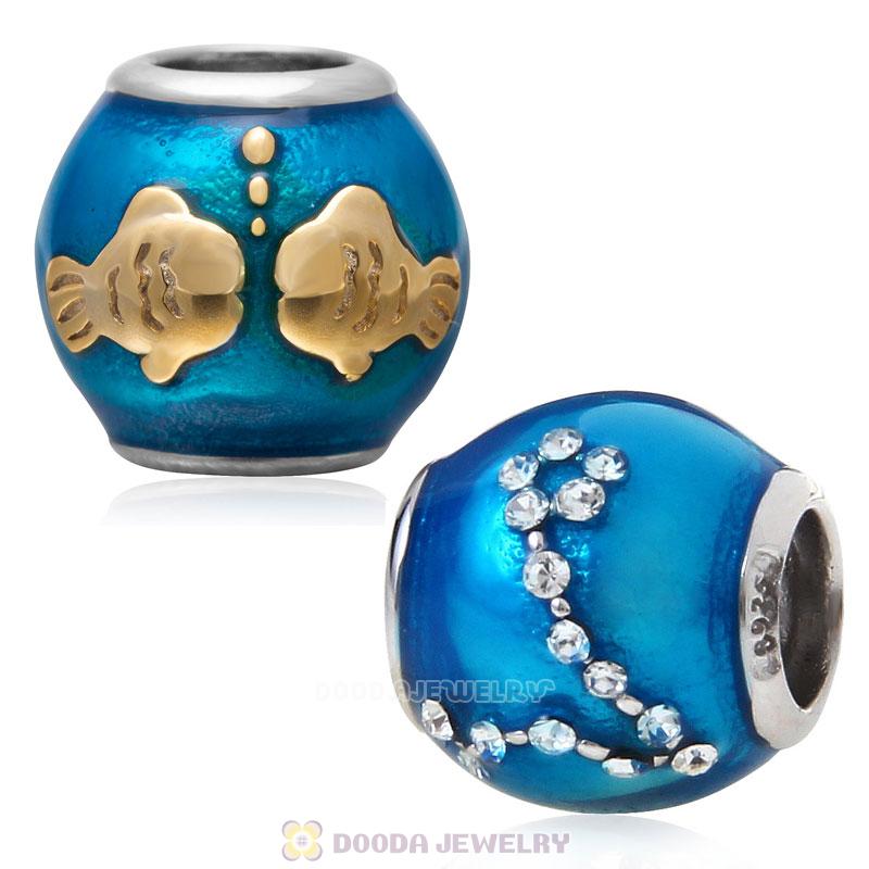 925 Sterling Silver Enamel Charm Zodiac Sign Pisces Bead 