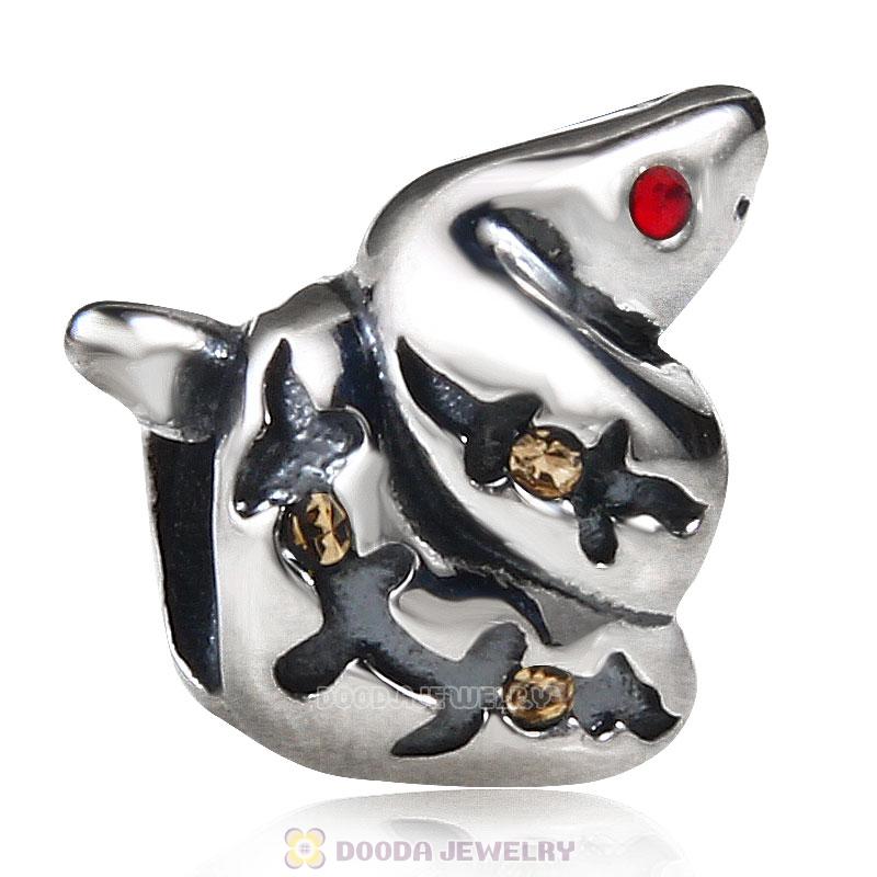 925 Sterling Silver Snake with Lt Siam Crystal Charm