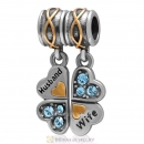 925 Sterling Silver Wife Husband Aquamarine Crystal Clover Dangle Bead Charm