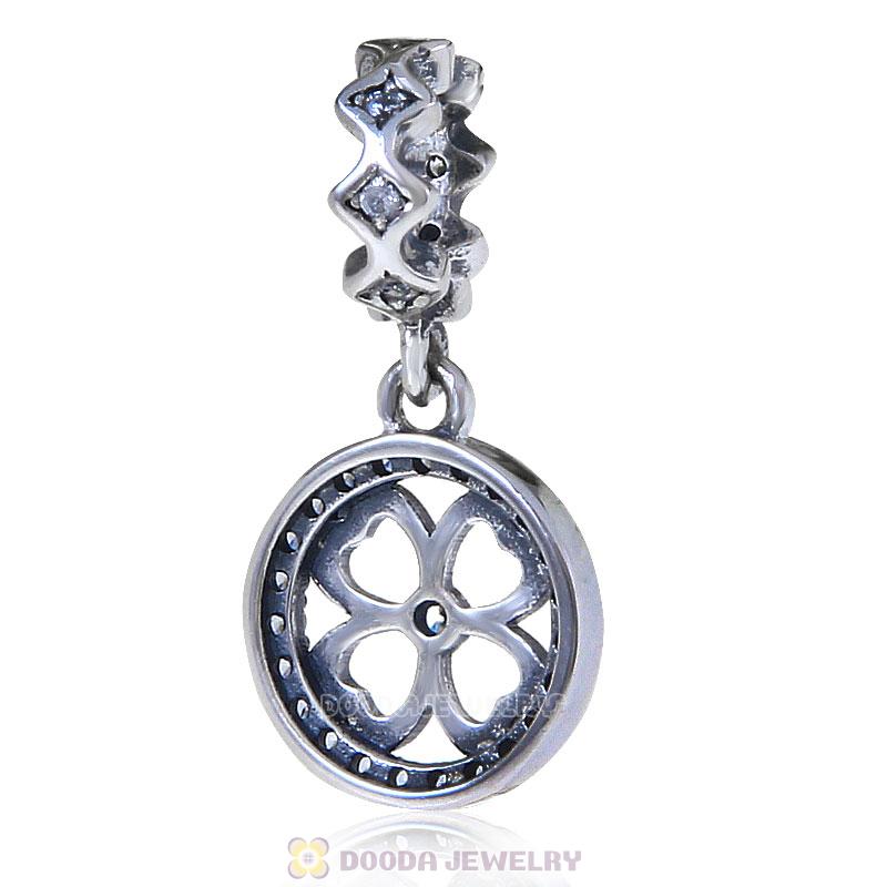 925 Sterling Silver Lucky Clover Dangle Charm Clear Cz
