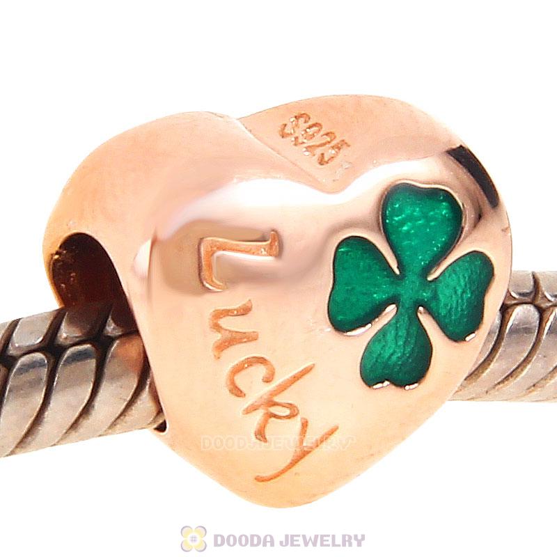 925 Sterling Silver Rose Gold Charm Lucky Clover Heart Bead