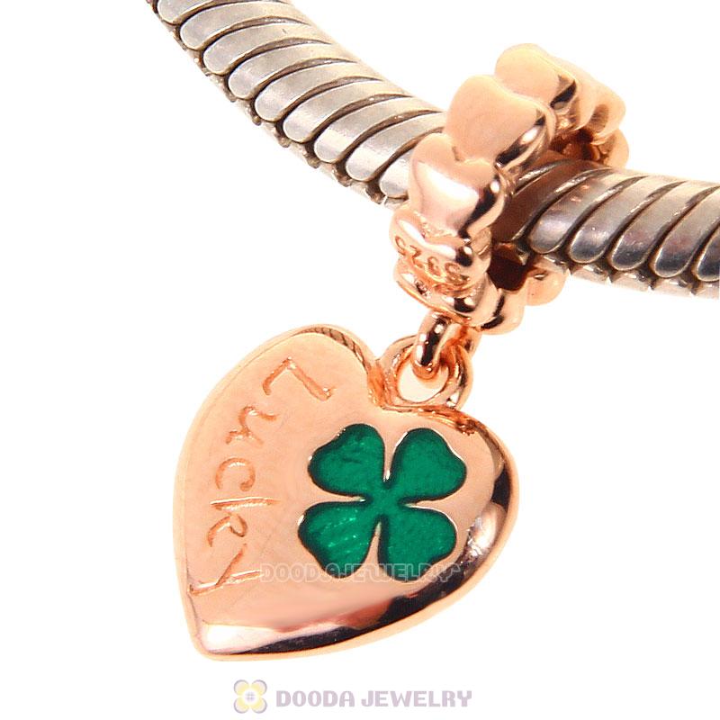 925 Sterling Silver Rose Gold Charm Lucky Clover Heart Dangle Bead