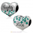 925 Sterling Silver Nice or Naughty Heart Bead with Emerald Crystal