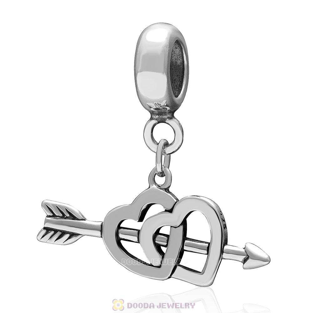 925 Sterling Silver Double Heart Arrow Dangle Pendant 
