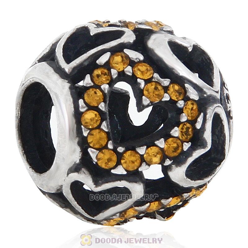 Sterling Silver love Hearts Charm with Topaz Heart Austrian Crystal