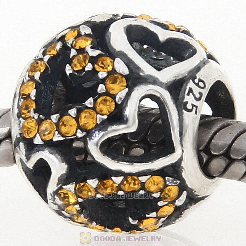 Sterling Silver love Hearts Charm with Topaz Heart Austrian Crystal