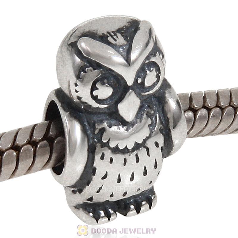 Antique 925 Sterling Silver Thick Owl European Charm Bead 